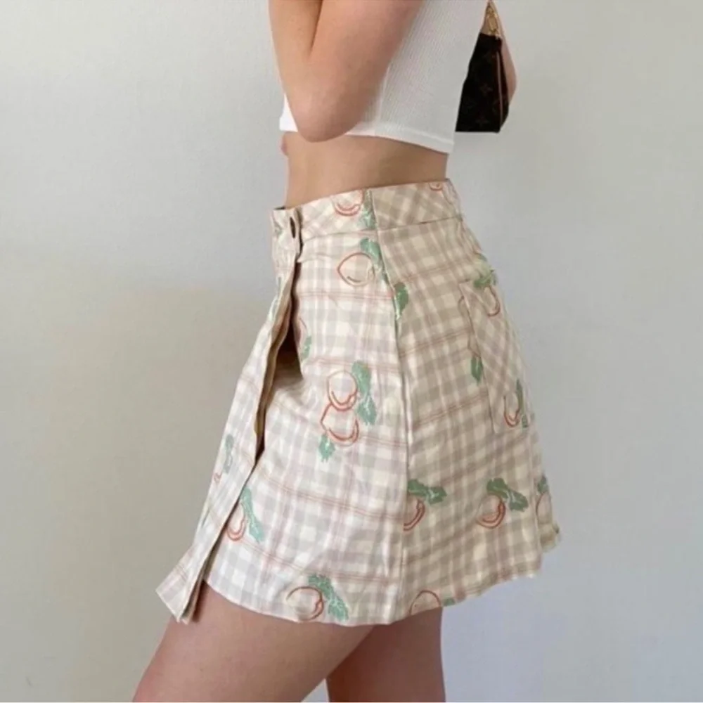 Urban Outfitters Plaid Embroidered Peach Print Wrap Pleated Skirt Size Small - Picture 4 of 11